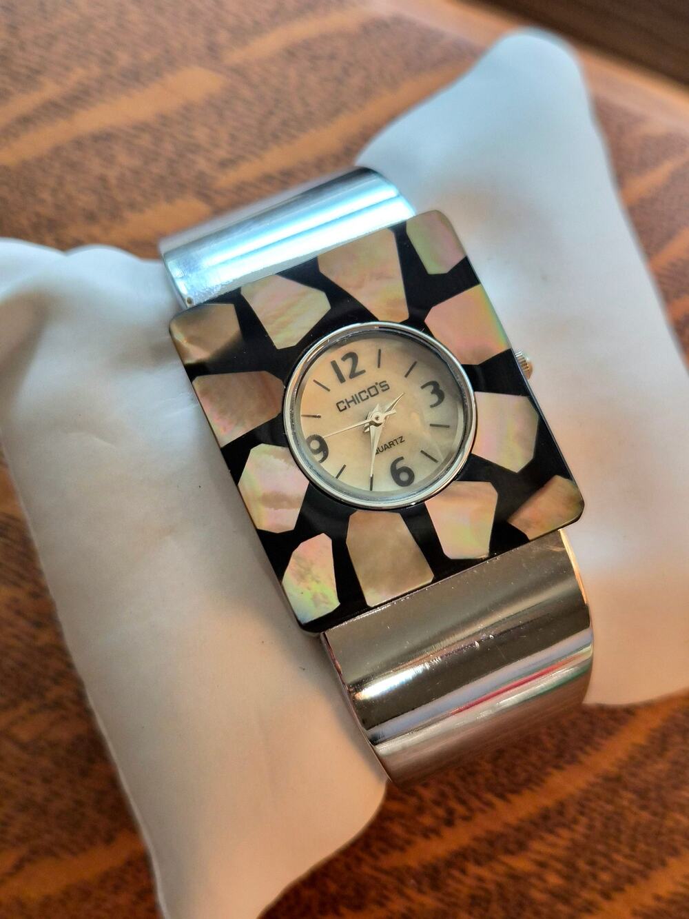 Vintage Chico's Watch Black Mother of Pearl Silver Tone